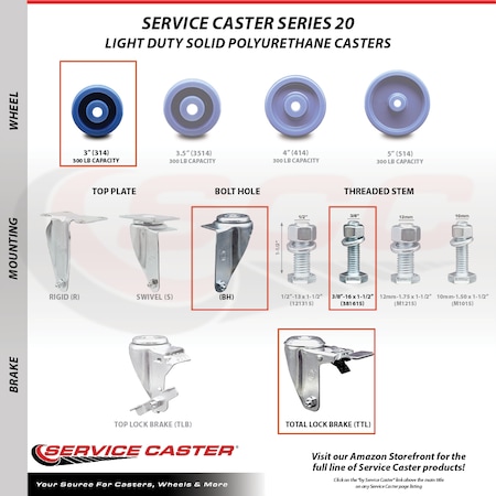 Service Caster 3 Inch Solid Polyurethane Swivel 3/8 Inch Stem Caster with Total Lock Brake SCC SCC-TSTTL20S314-SPUS-381615